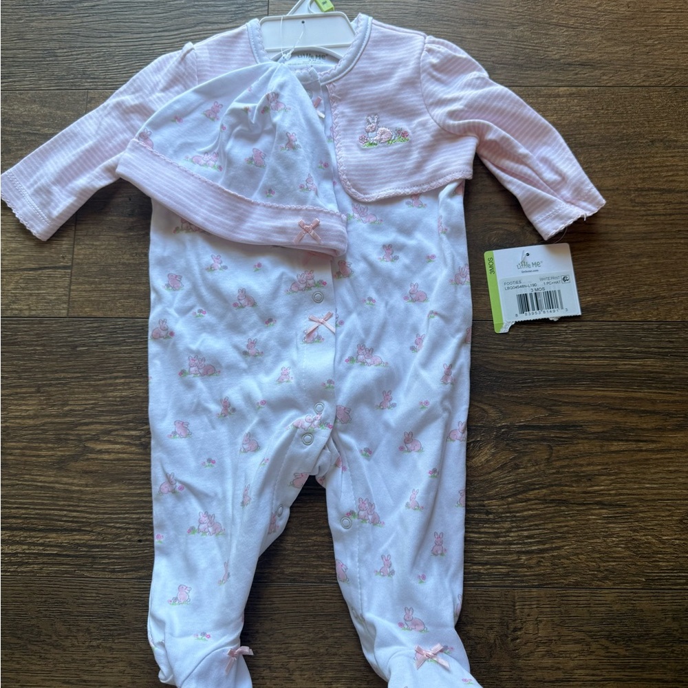 Little Me Pink Bunny Print Footie with Hat